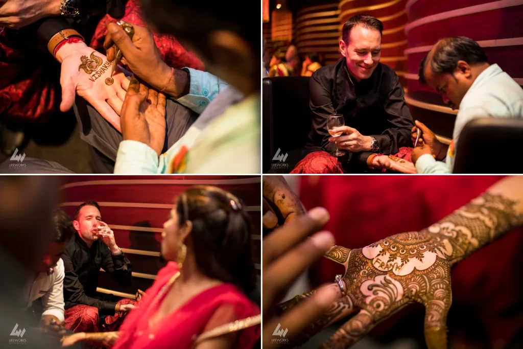 mage of a bride and groom's hands with Mehendi designs showcasing each other's names written in an intricate and decorative style, symbolizing their love and commitment.