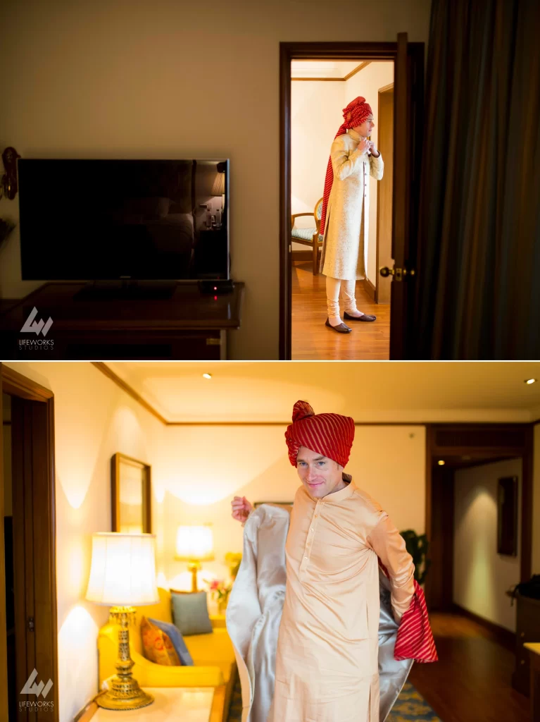  "An image of the groom getting ready for his wedding ceremony, surrounded by grooming essentials and traditional attire while preparing for the auspicious event."  