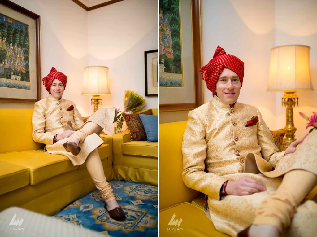 A series of photographs capturing the groom in different poses, highlighting his impeccable attire, accessories, and confident demeanor, showcasing the groom's sophistication and charm