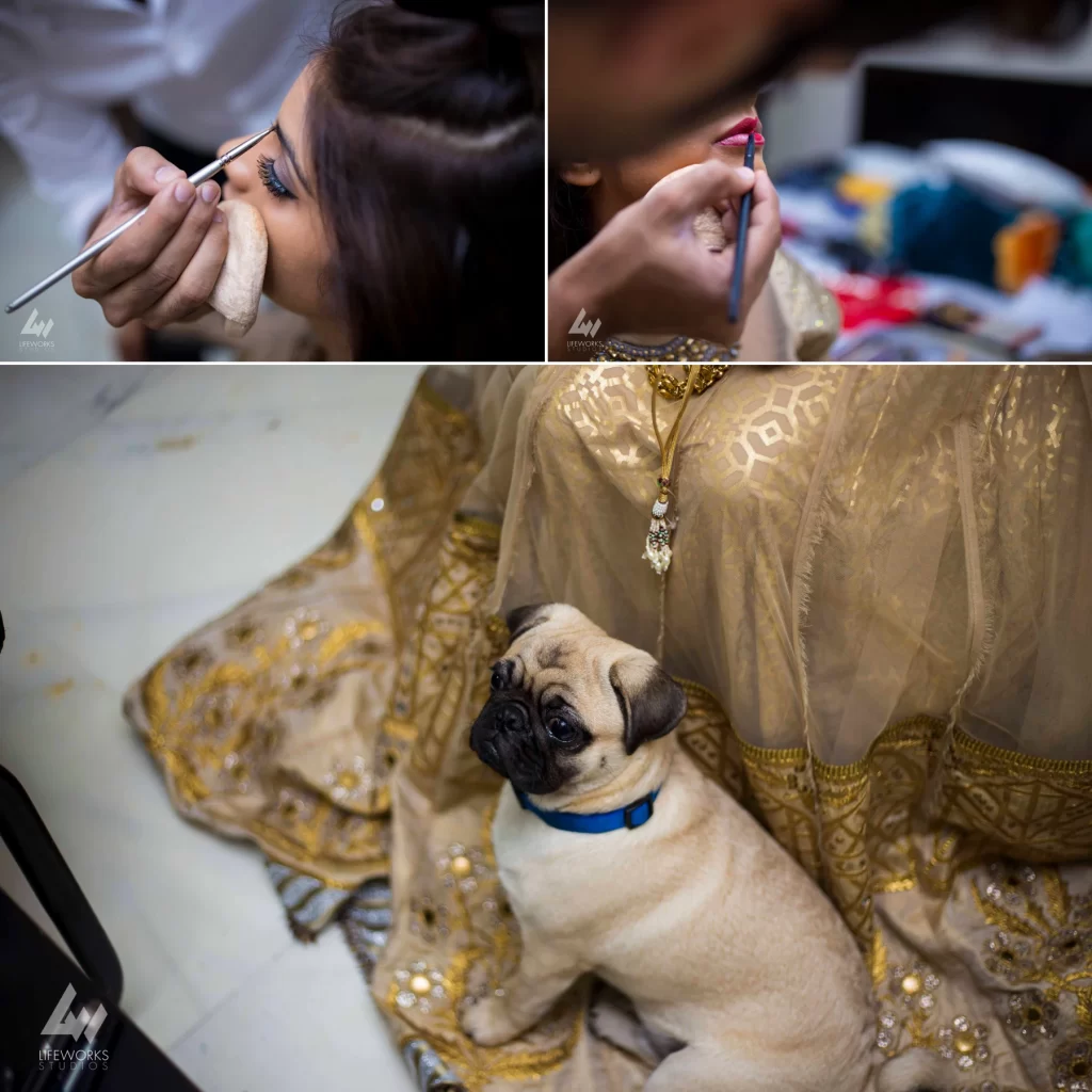 A photograph showcasing the bride getting ready for her wedding, surrounded by bridal attire, makeup, and accessories, as she prepares for the special day