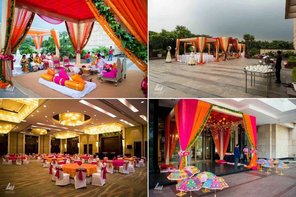 An image capturing the exquisite decorations at a wedding venue, featuring vibrant flowers, intricate draperies, and ornate embellishments, creating a luxurious and celebratory ambiance.