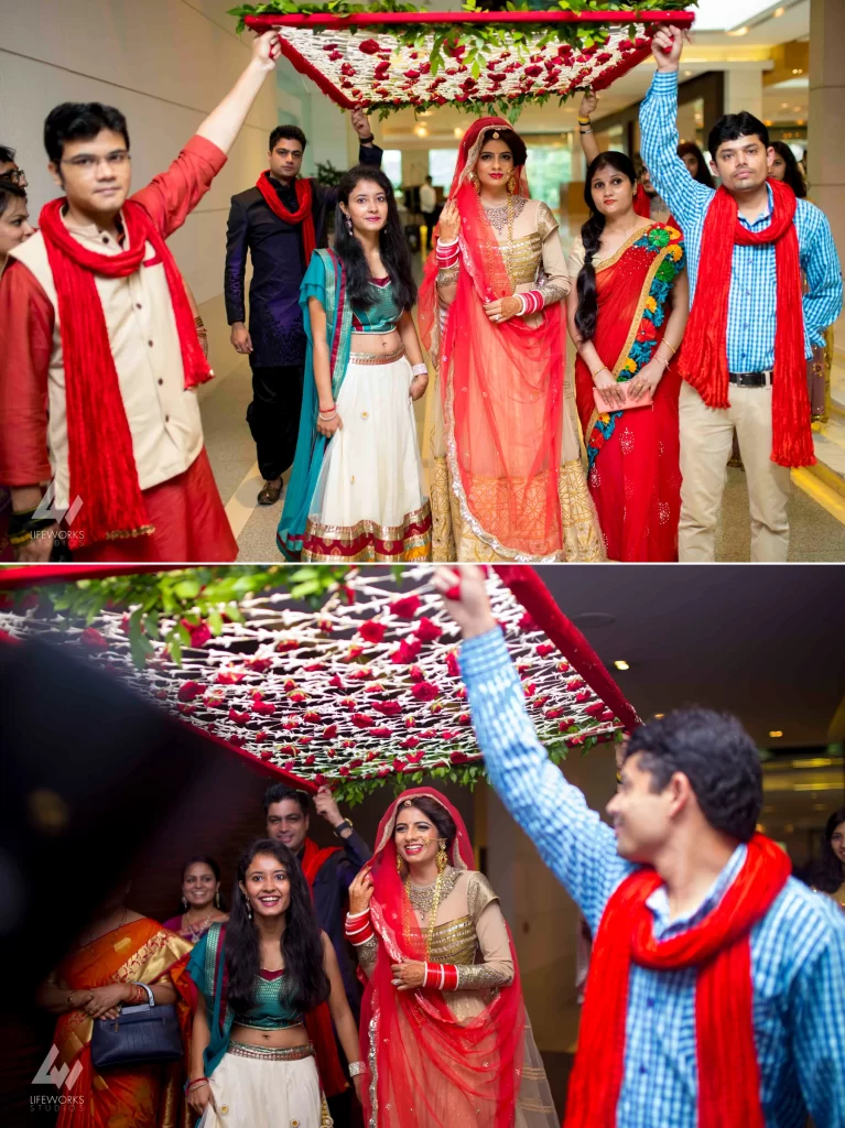 An image of the bride making a magnificent entry, dressed in exquisite wedding attire and adorned with traditional embellishments, exuding elegance and grace as she prepares to join her partner in marriage.