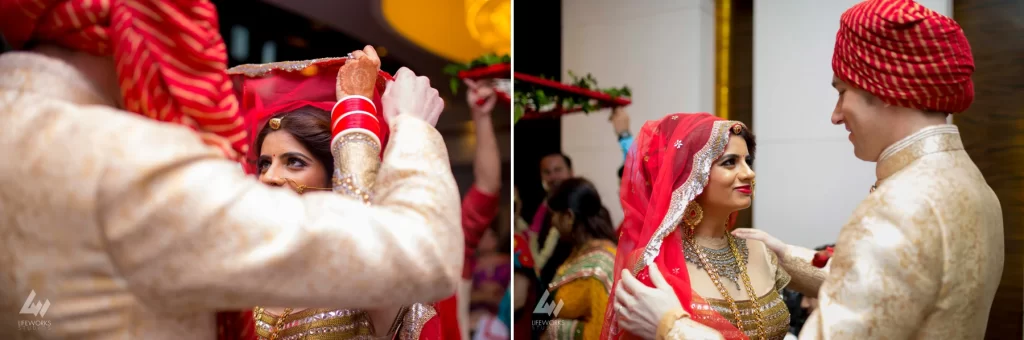 An image portraying the bride and groom together, radiating joy and love as they stand in their wedding attire, symbolizing the celebration of their unity and commitment.