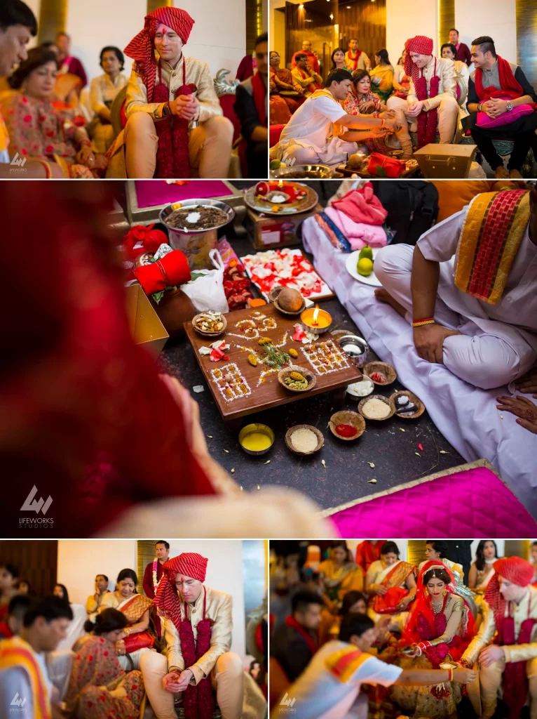 An image capturing the essence of a traditional wedding ceremony, featuring the bride, groom, and officiants amidst the sacred rituals and celebratory customs, symbolizing the joyous union of two individuals in matrimony.