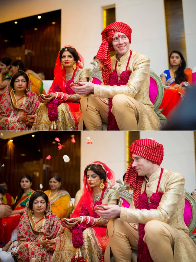 An image depicting the bride and groom performing puja (ritual worship) during their wedding day, symbolizing spiritual devotion and the sanctity of their union in Hindu tradition.