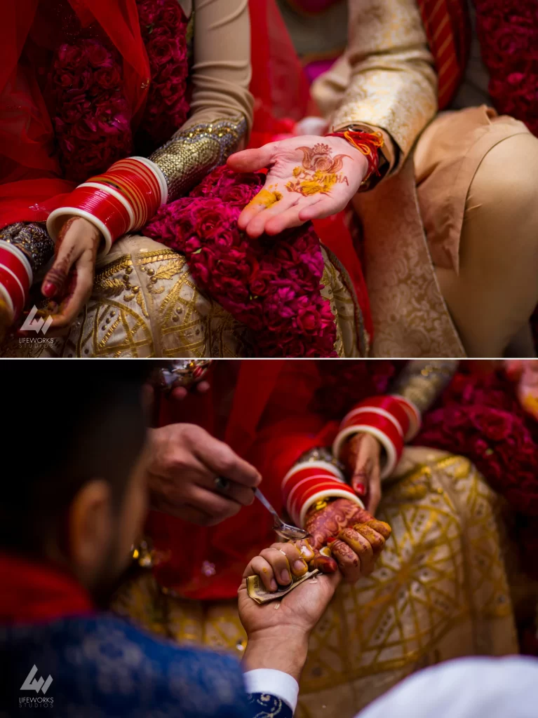 An image depicting the bride and groom performing puja (ritual worship) during their wedding day, symbolizing spiritual devotion and the sanctity of their union in Hindu tradition.