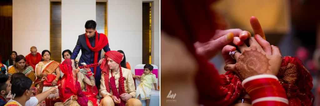 An image depicting the bride and groom performing puja (ritual worship) during their wedding day, symbolizing spiritual devotion and the sanctity of their union in Hindu tradition.