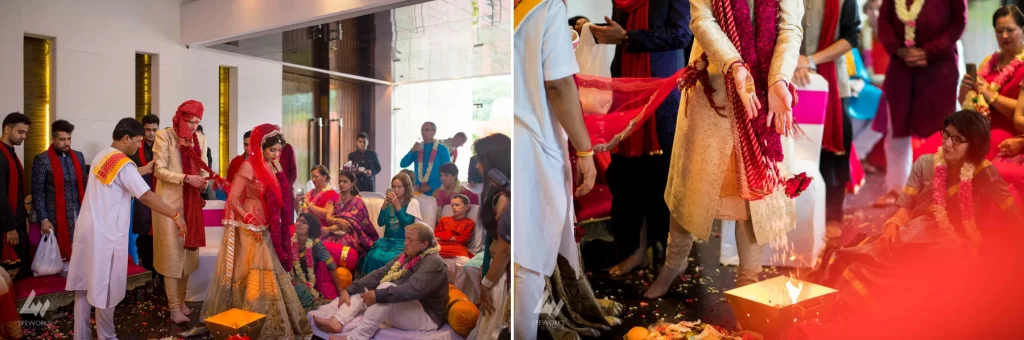 An image portraying the bride and groom taking the pheras (circling the sacred fire) during the wedding ceremony, symbolizing the sacred vows and commitment as they embark on their marital journey.