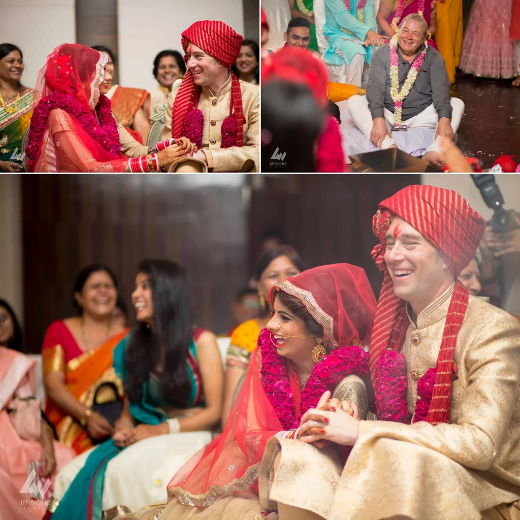 An image capturing the bride and groom standing hand in hand, radiating happiness and joy, symbolizing the love and unity shared between the newlyweds on their special day.