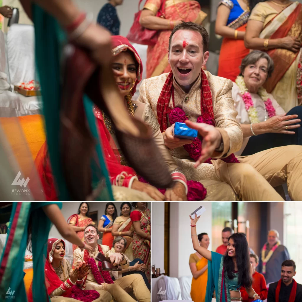 An image capturing the groom presenting a thoughtful gift to his sister-in-law (sali) as a symbol of family bonding and affection during the wedding celebrations.