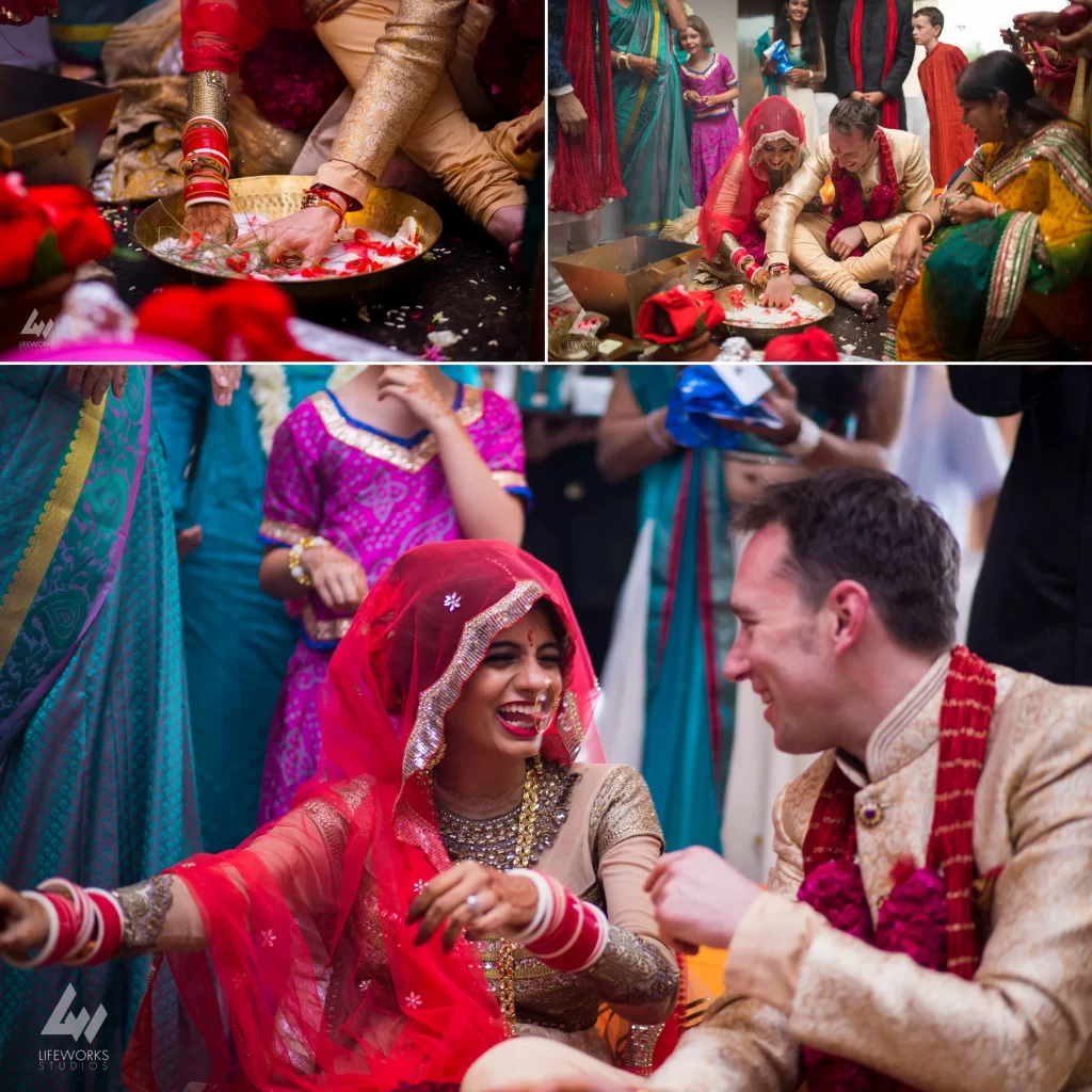 An image capturing the bride and groom performing post-wedding rituals, surrounded by traditional customs and auspicious ceremonies signifying the continuation of their union and marital journey.