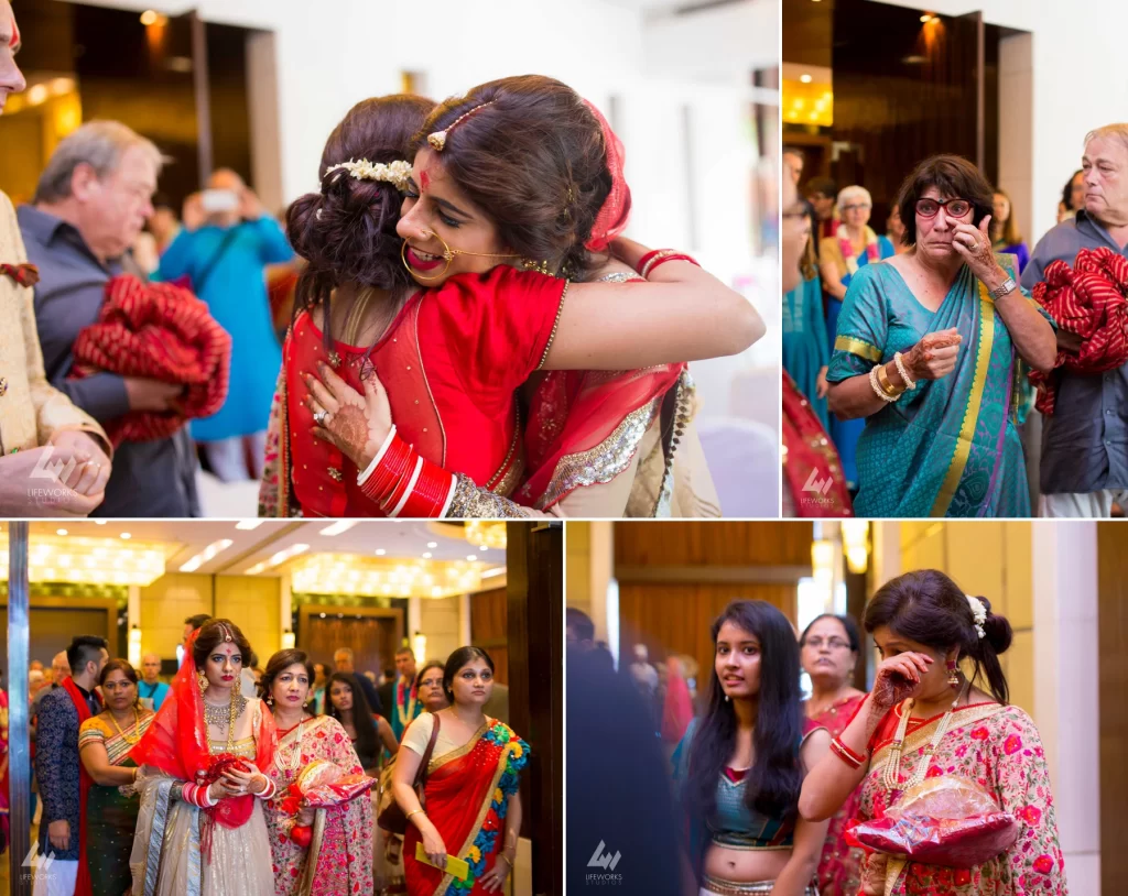 An image of the emotional bride bidding farewell as she leaves her parental home, symbolizing the poignant moment of departure and the beginning of a new chapter in her life.