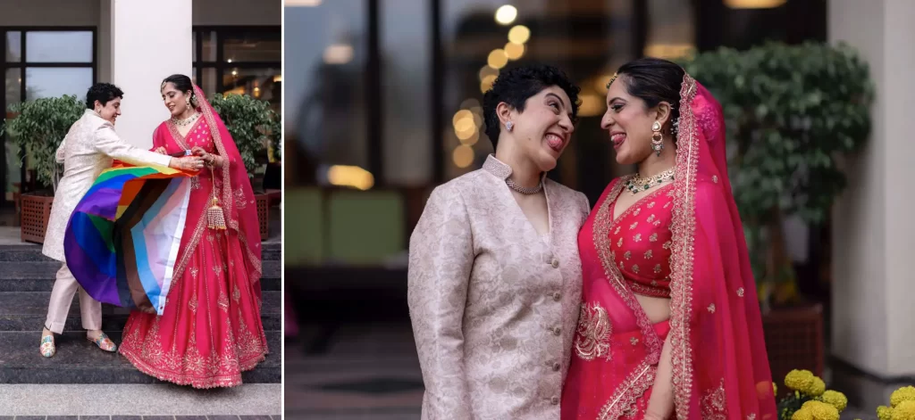 Two brides joyfully holding a same-sex marriage pride flag, symbolizing love, unity, and celebration of their relationship.