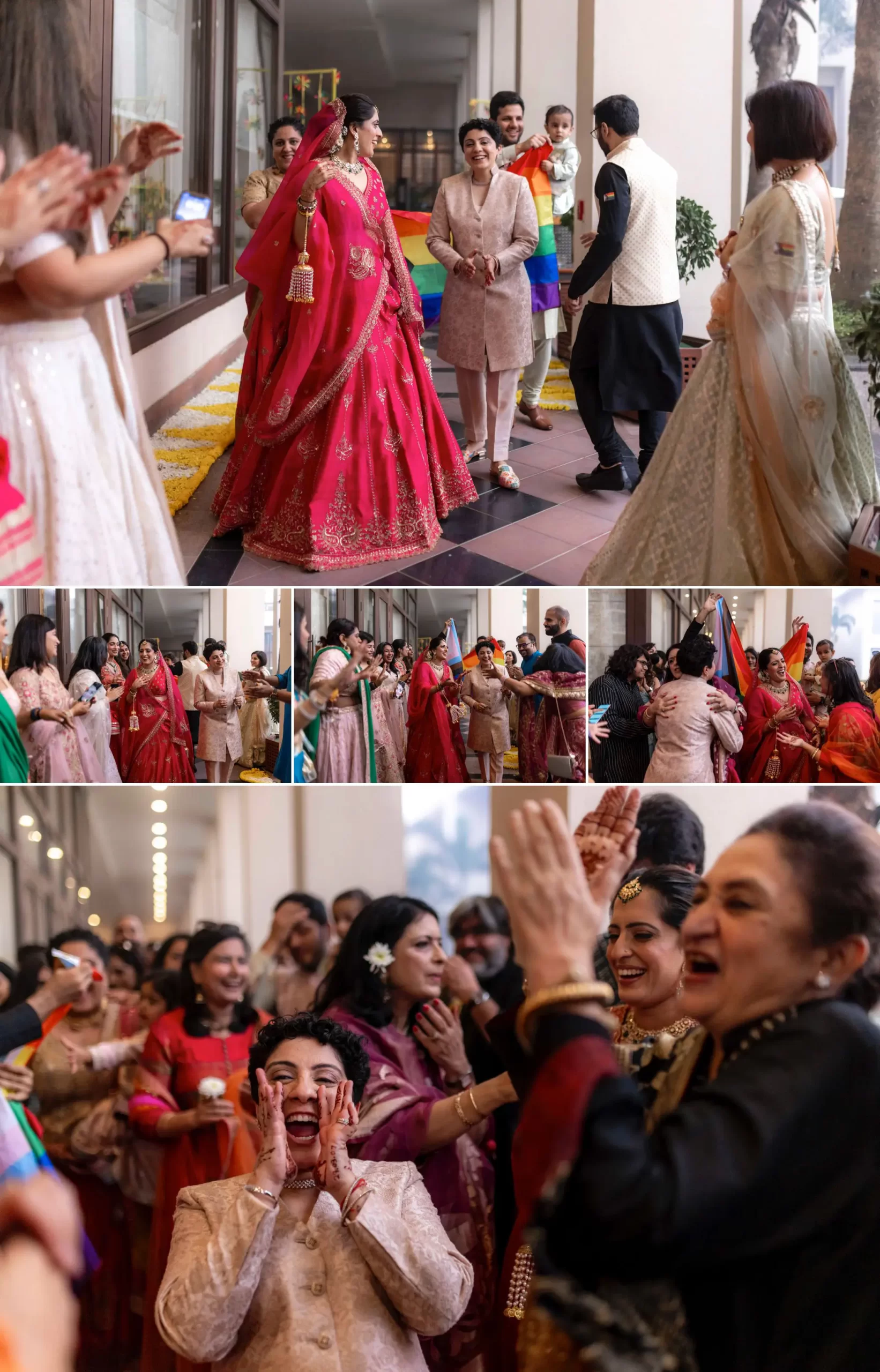 Guests joyfully dancing and celebrating alongside the brides, one of whom is carrying a same-sex marriage pride flag, symbolizing love, support, and unity in a lively wedding atmosphere.