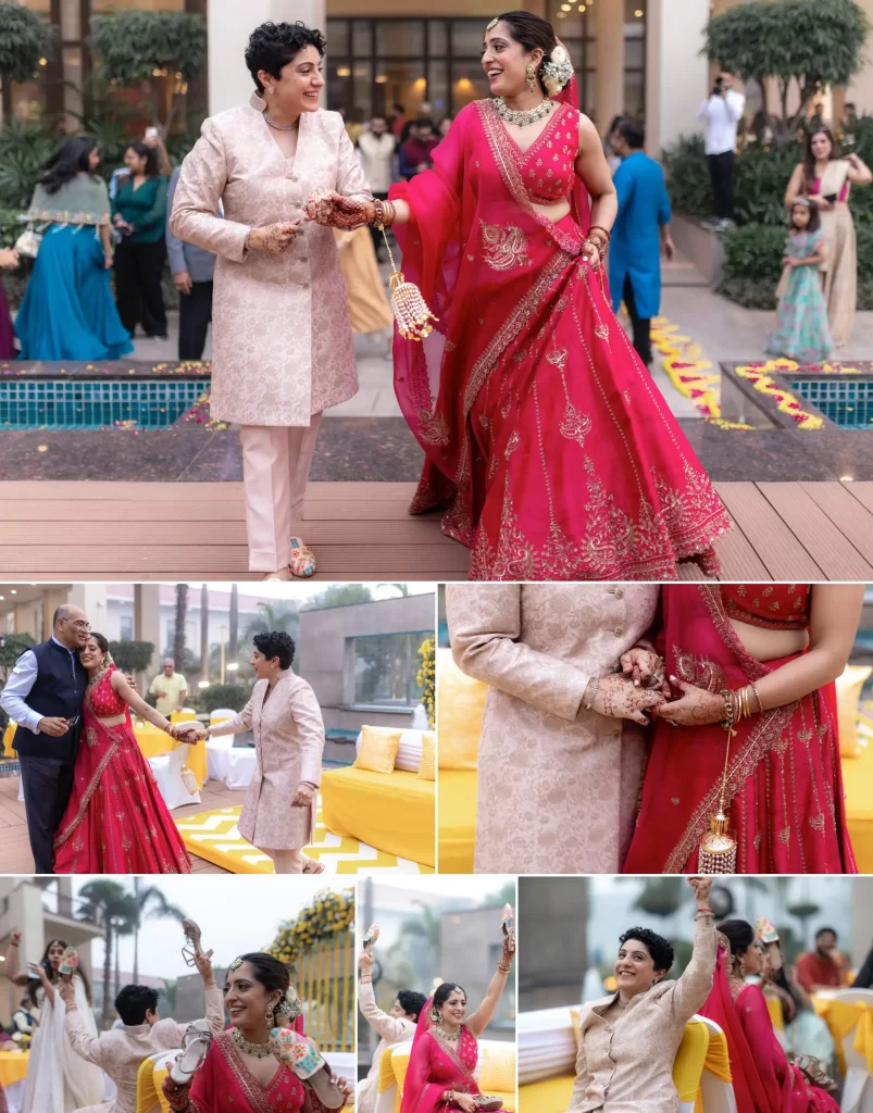 Two brides, tenderly holding each other's hands, radiating love, affection, and unity on their special day.