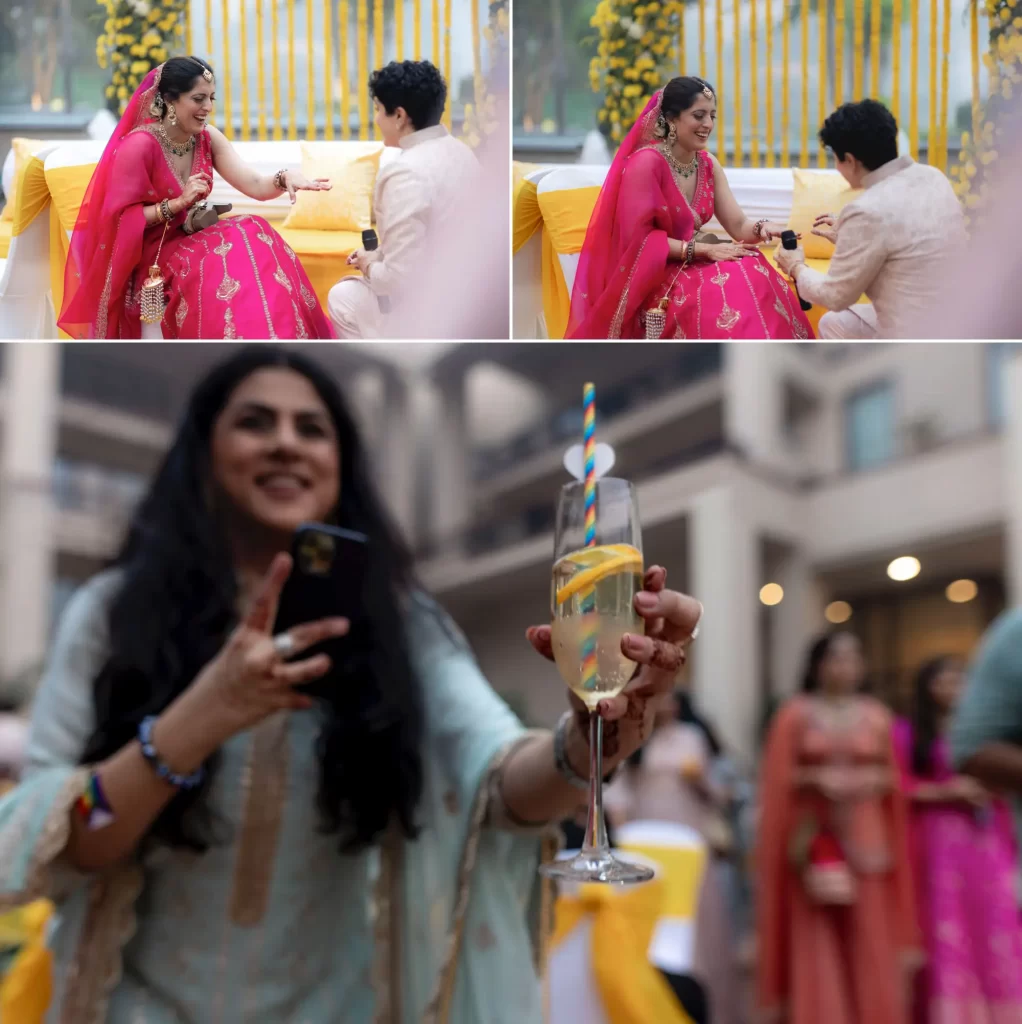 Two brides exchanging rings, symbolizing love, commitment, and unity during their wedding ceremony. And A guest holding a glass of juice with a straw featuring a same-sex marriage pride flag.