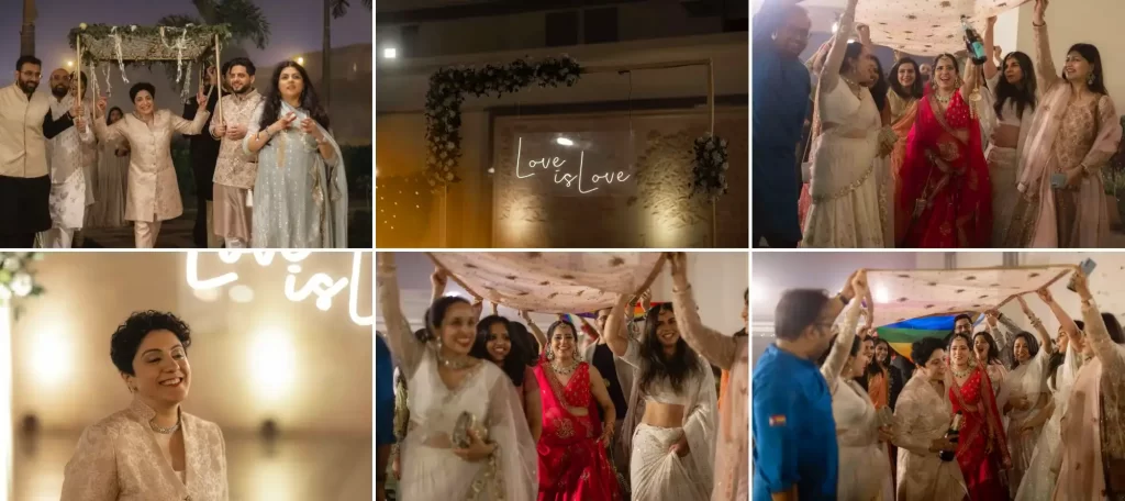 Two brides making a grand and joyful entrance, exuding happiness and excitement as they begin their wedding celebration.