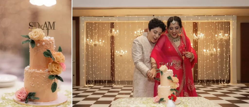 The two brides cutting a same sex marriage cake together, symbolizing love, unity, and the beginning of their shared journey as a married couple.