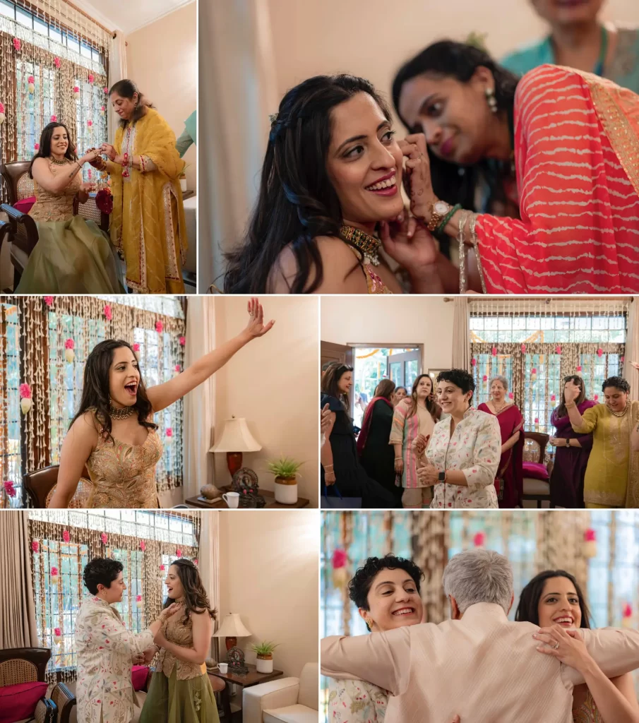 Two brides in wedding attire smiling and getting ready, expressing joy and anticipation before their special day. (same-sex marriage)