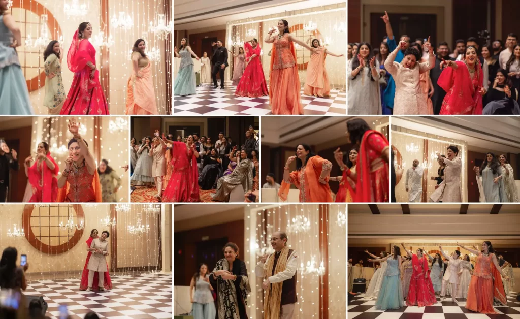 A lively sangeet ceremony where the couple dances joyfully, surrounded by family and friends, creating a celebratory and festive atmosphere.