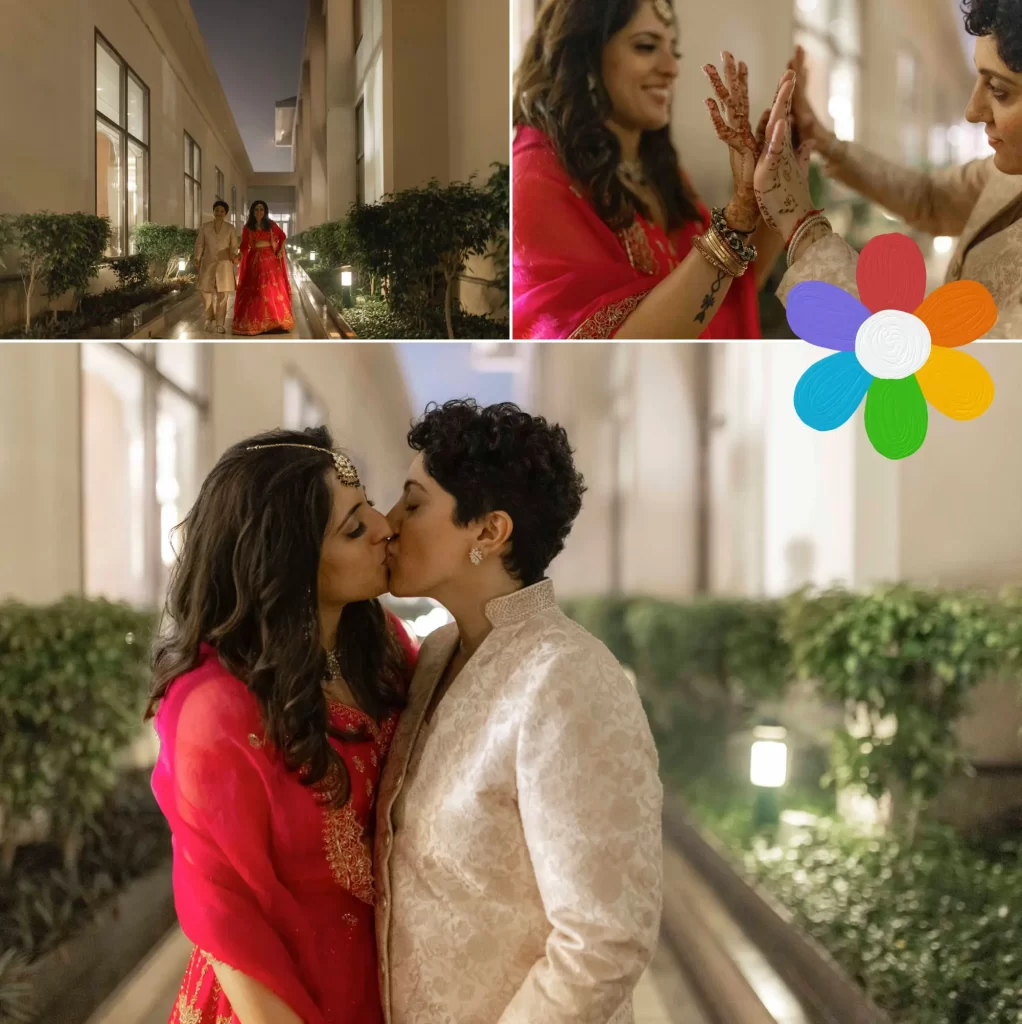 A collage capturing various beautiful moments of a lesbian couple, showcasing their love, joy, and togetherness in a series of heartwarming images after same sex marriage.