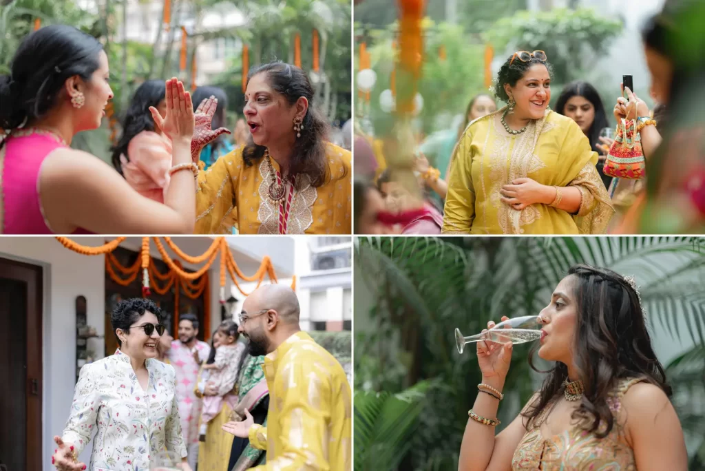 Two brides and guests sharing happy moment, exuding joy and warmth at a wedding celebration.