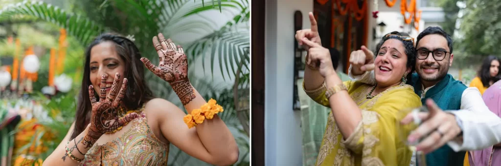 A bride displaying her intricate mehendi design while guests joyously dance, creating a lively and celebratory atmosphere.