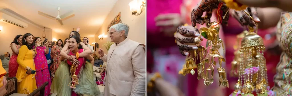 A bride's hands adorned with ornate kalire, traditional bridal jewelry worn during pre-wedding ceremonies, symbolizing blessings and festivity.