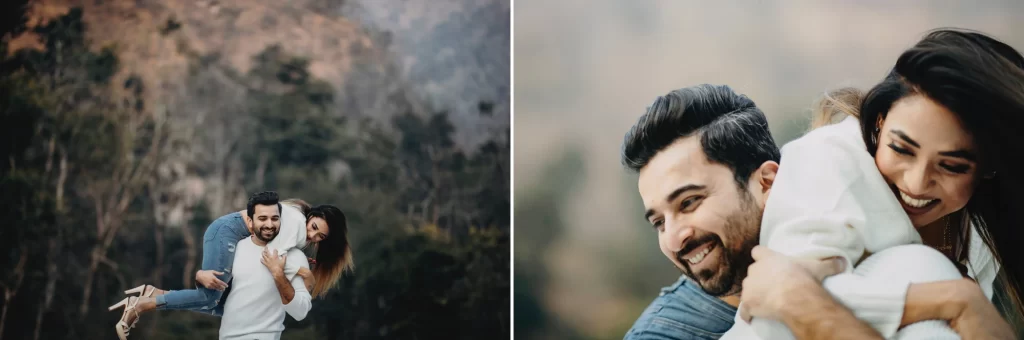 A man lovingly holds his partner as they pose for a pre-wedding photoshoot.