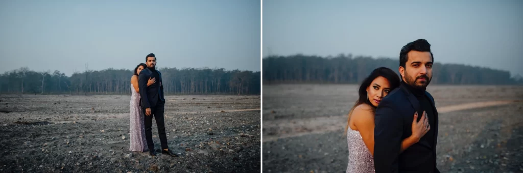 A young couple embraces in a warm embrace in front of the scenic backdrop of the Rishikesh landscape during a pre-wedding photoshoot.