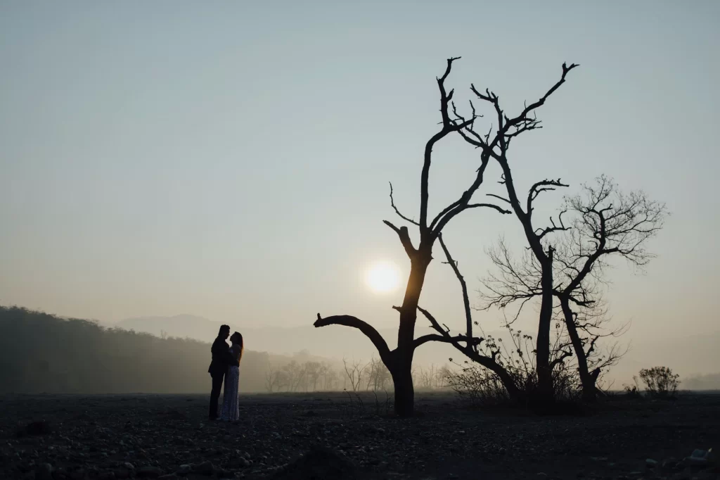 A couple stands near a dry tree during a pre-wedding photoshoot, with a stunning sunset view providing a romantic backdrop