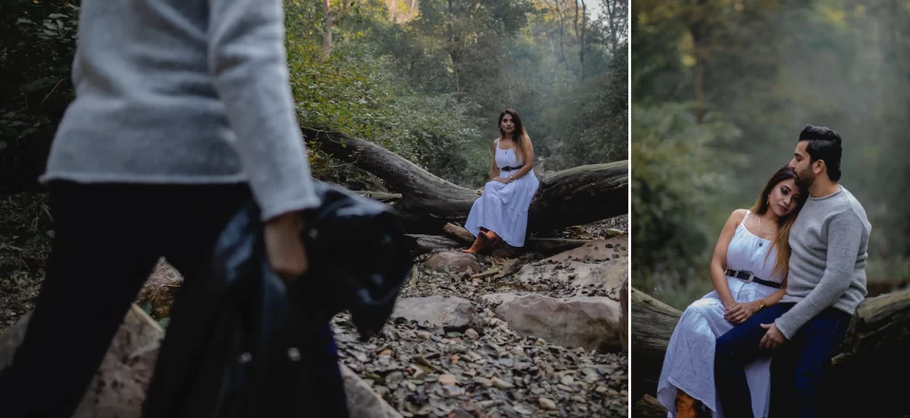 In a pre-wedding photoshoot, a couple sits on the roots of a tree with the girl resting her head on the boy's shoulder, creating a tender and intimate moment amid nature's serene backdrop.