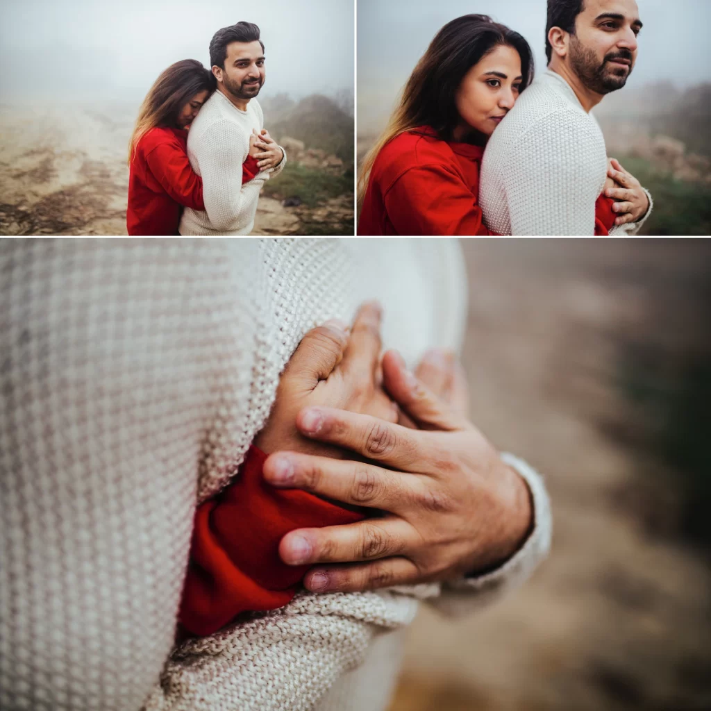 In this sweet image, the girl affectionately embraces the boy from behind, capturing a tender moment between the couple. The hug reflects warmth, love, and a strong bond, adding a touch of intimacy to the pre-wedding atmosphere.