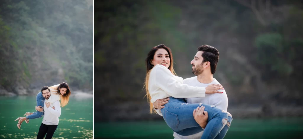 A man lovingly holds his partner as they pose for a pre-wedding photoshoot.