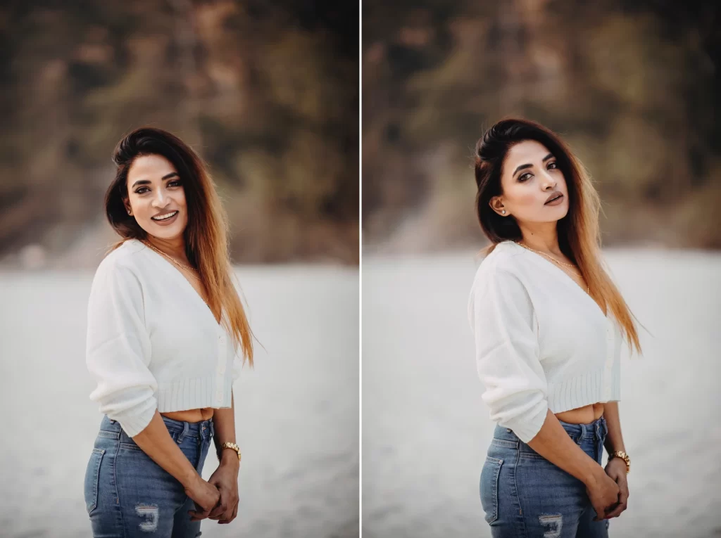 A photograph of a girl standing while wearing blue jeans and a white top. She exudes confidence with her relaxed stance, and her attire complements her casual yet stylish appearance.