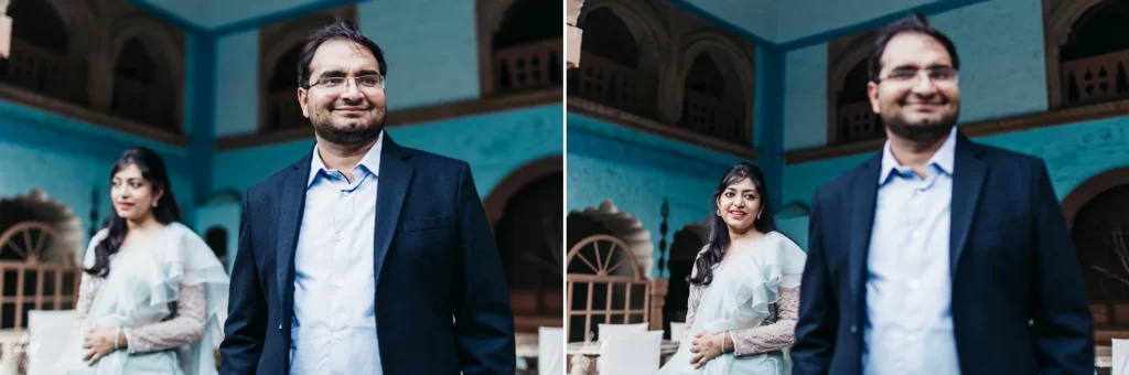 A radiant couple posing amidst the timeless grandeur of the historic fort, creating a captivating and romantic scene.