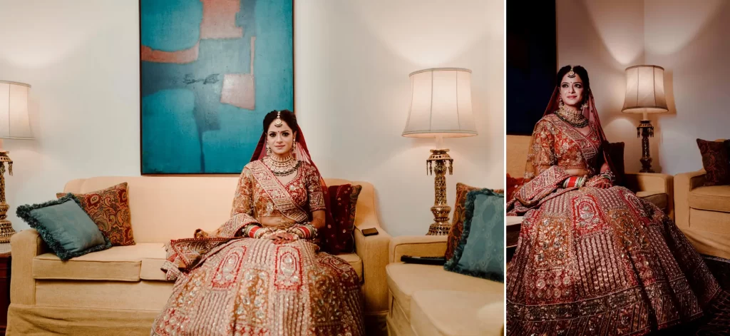 A bride, in full wedding attire, sits elegantly for her portrait after getting ready for the ceremony.