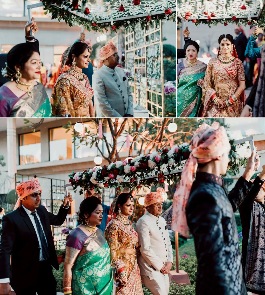 An Indian bride, adorned in traditional attire, making a regal entrance with her parents at the wedding venue, exuding elegance and reverence while accompanied by loved ones.