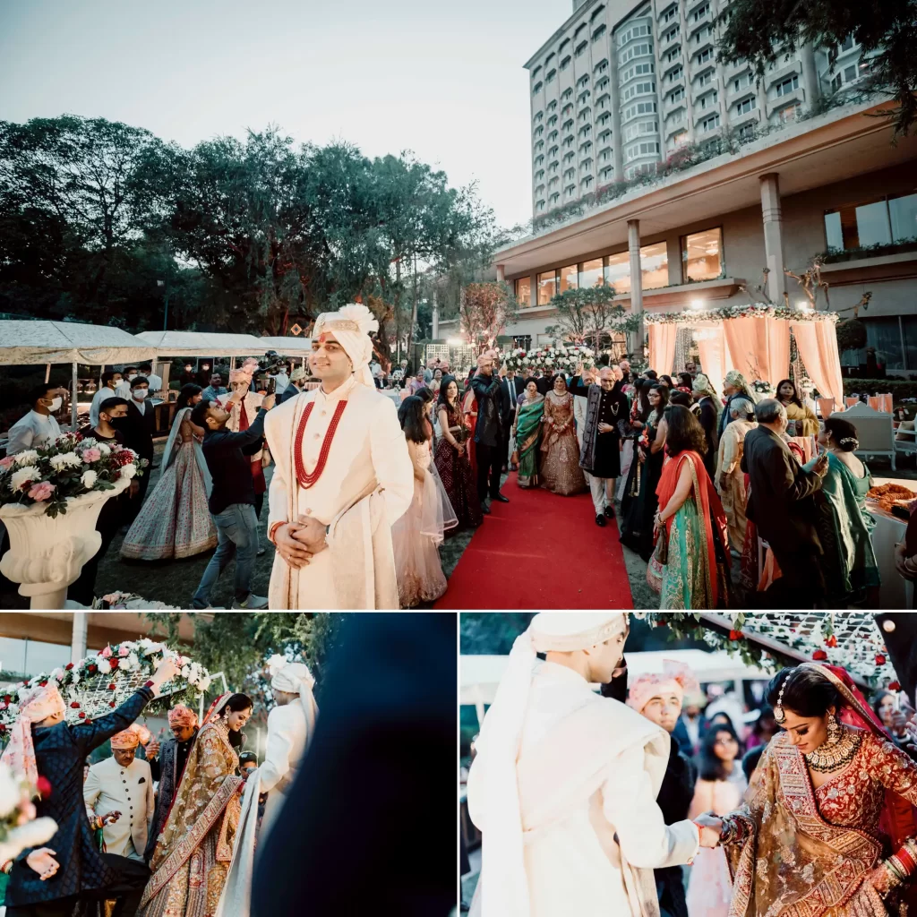 An Indian groom, patiently waiting and holding the hand of his partner with affection and anticipation, capturing a moment of tender connection before the wedding ceremony