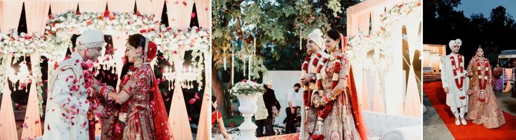 An Indian bride and groom exchanging varmala (garlands) in a traditional ceremony, symbolizing the union of their spirits and the beginning of their marriage, surrounded by festive decor and loved ones.