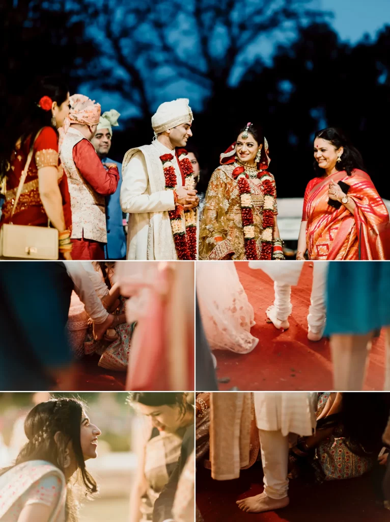 A traditional Indian wedding ritual of Juta Churai, where the sisters of the bride playfully steal the groom's shoes, symbolizing love and teasing banter, amidst joyful laughter and celebratory surroundings.