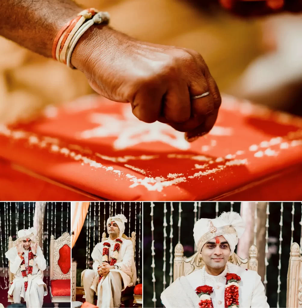 An Indian groom seated in the mandap, adorned in traditional attire, as the Pandit ji performs a puja (prayer ceremony) amidst sacred rituals and auspicious ambiance.