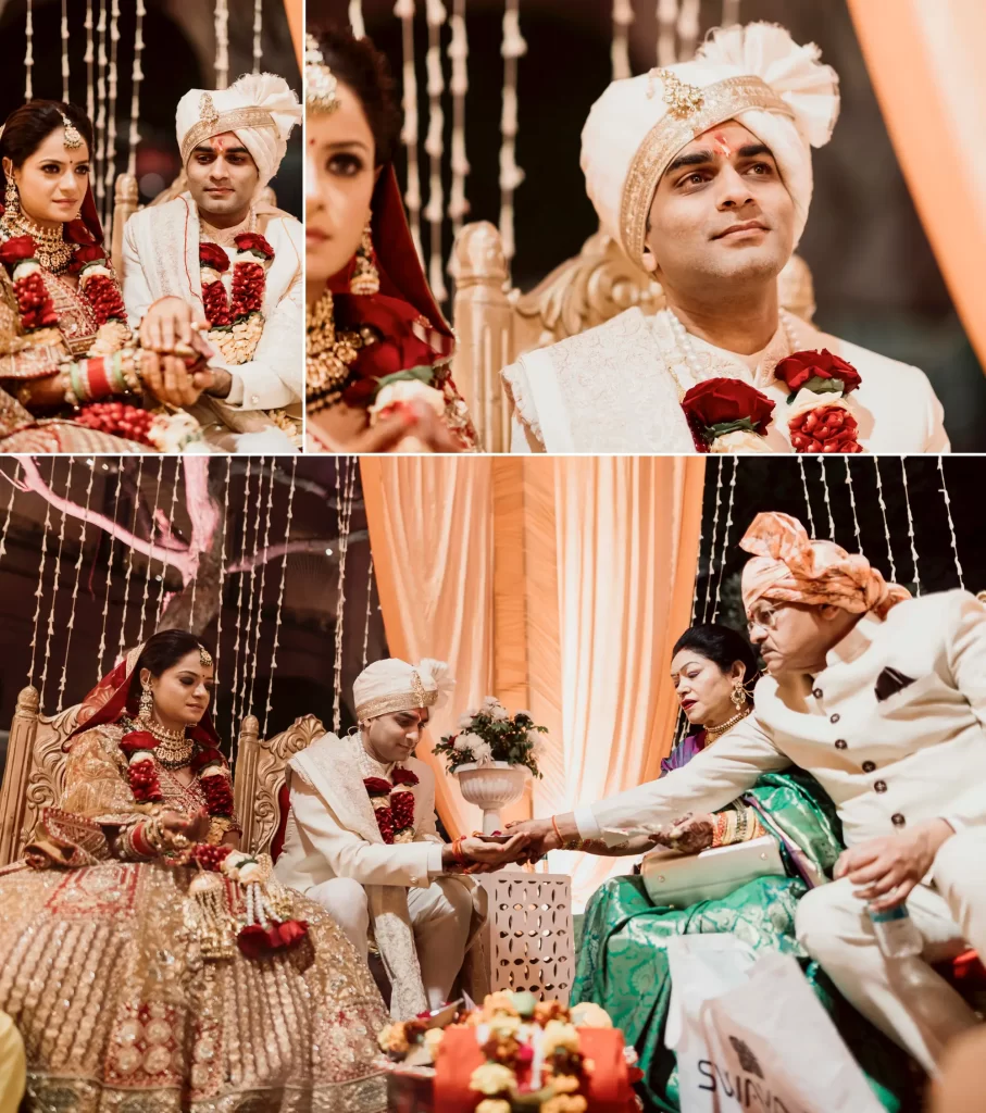 A couple taking part in a traditional wedding puja at the mandap, in the midst of sacred rituals and auspicious ceremonies, surrounded by family and religious officiants.