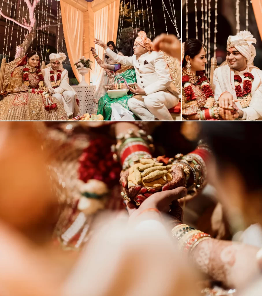 A couple taking part in a traditional wedding puja at the mandap, in the midst of sacred rituals and auspicious ceremonies, surrounded by family and religious officiants.