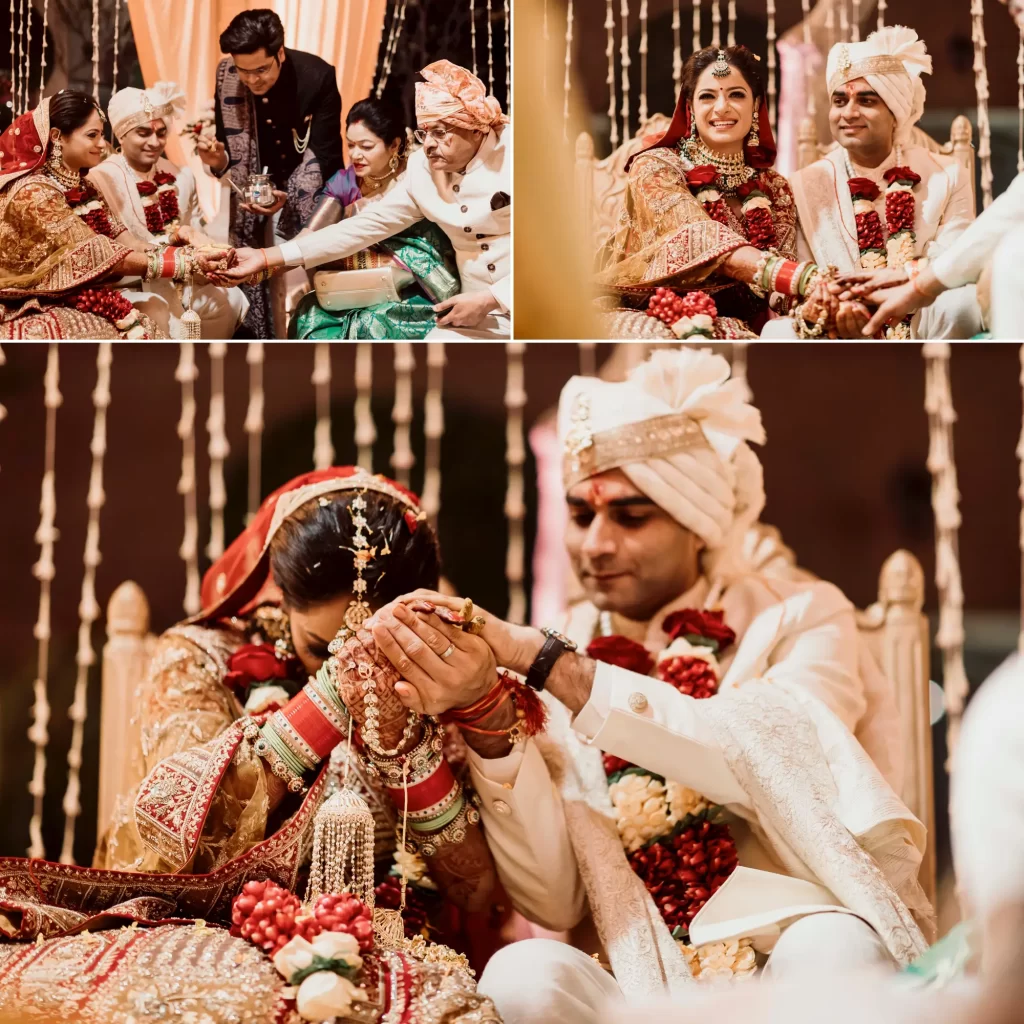 A couple taking part in a traditional wedding puja at the mandap, in the midst of sacred rituals and auspicious ceremonies, surrounded by family and religious officiants.