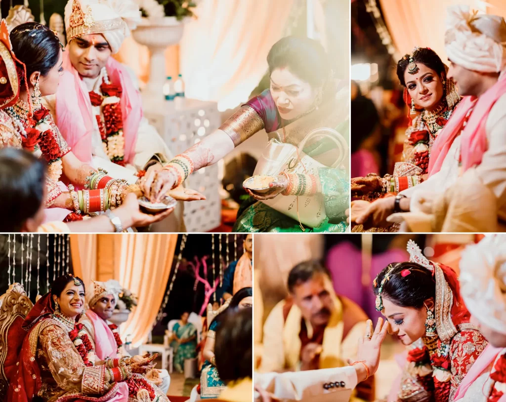 A couple taking part in a traditional wedding puja at the mandap, in the midst of sacred rituals and auspicious ceremonies, surrounded by family and religious officiants.