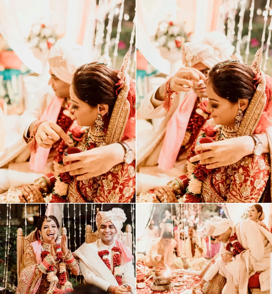 An Indian groom placing sindoor (vermilion powder) on the parting of the bride's hair, signifying her marital status and the sacred bond of marriage in a traditional Hindu wedding ceremony.