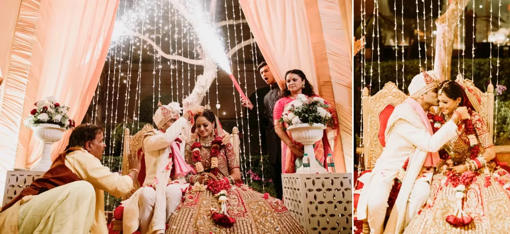 An Indian groom adorning the bride with sindoor (vermilion powder) and mangalsutra, symbolizing the sanctity of marriage and the commencement of their lifelong union, amidst traditional Hindu wedding customs and sacred ambiance.