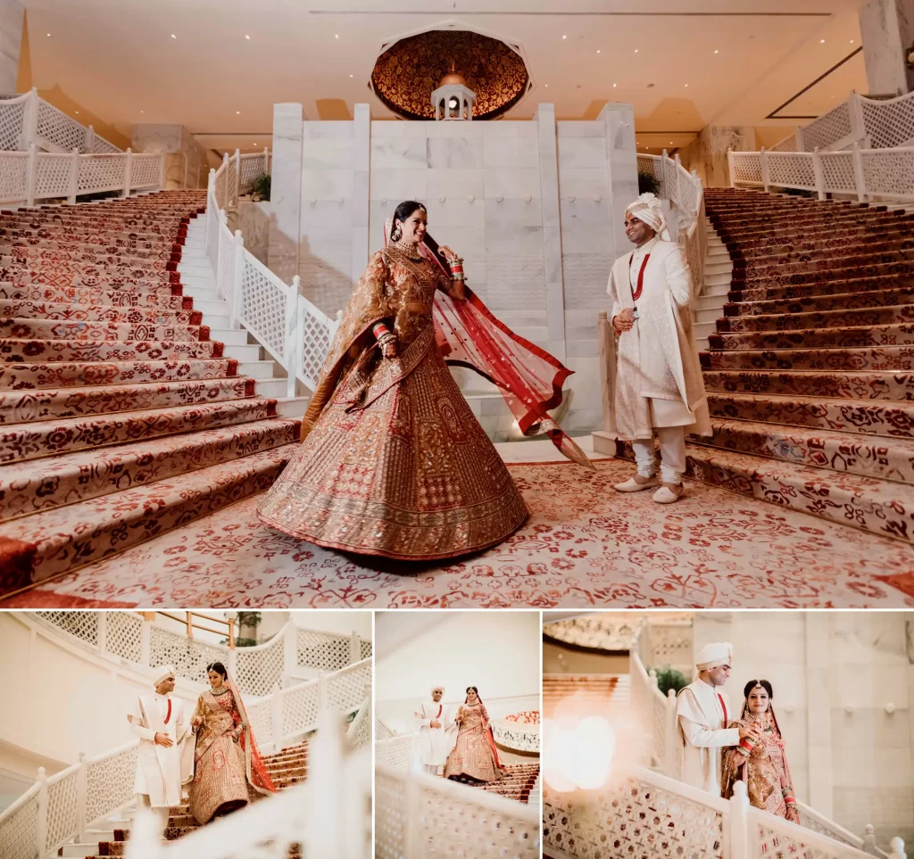 A newlywed couple embracing and posing for a photoshoot in their wedding attire, exuding joy and love in a post-wedding celebration.