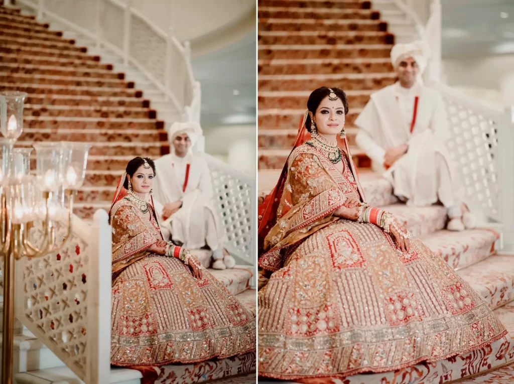 A newlywed couple embracing and posing for a photoshoot in their wedding attire, exuding joy and love in a post-wedding celebration.